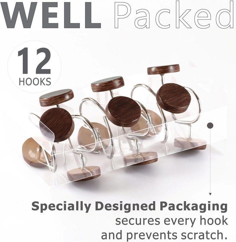 Popkozzi Farmhouse Boho Shower Curtain Hooks: Rustic Wood Textured Resin Button Hooks Stainless Steel Rings - Decorative Fall Winter Christmas Bathroom Accessories for Western Vintage & Nature-Inspired Décor - Image 4